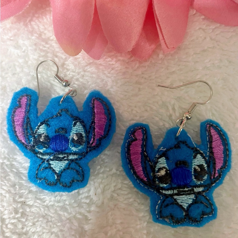 Embroidered FSL Lightweight Earrings. Check out this adorable Blue guy.